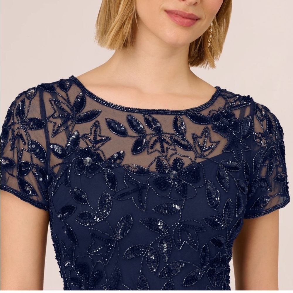 Adrianna Papell Navy Beaded Tulle Gown SZ 14 NWT Formal Evening Dress GALA MOB - Picture 3 of 13